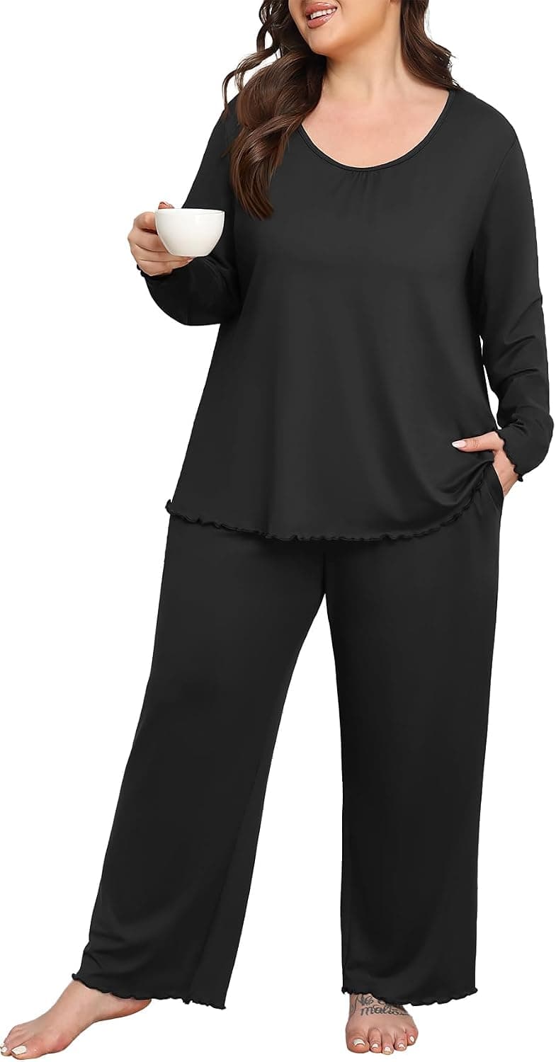 Lastshe Womens Plus Size Pajama Set 2 Piece Long Sleeve Pants Lounge Set