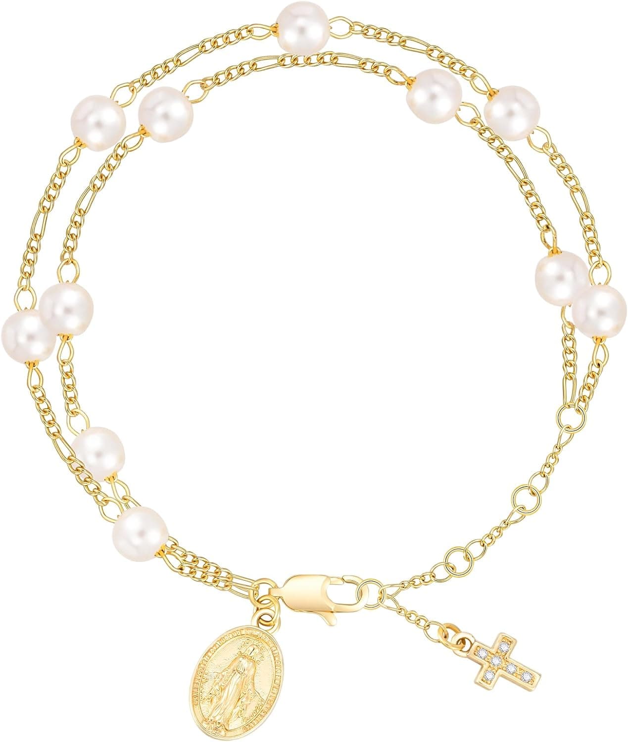 Virgin Mary Cross Bracelet for Women -14K Gold Plated Rosary Chain Bracelet