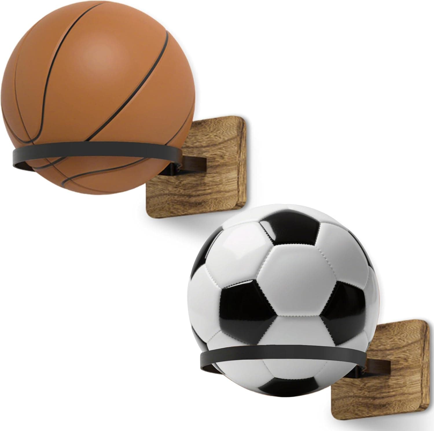 Basketball Holder Wall Mount with Wooden Base, Ball Storage Holder for Football Basketball Soccer Rugby Display Rack - Boys Sports Accessories