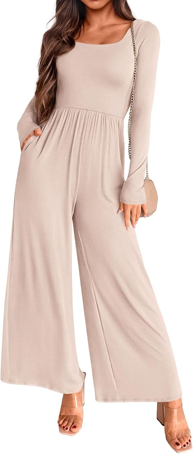 KIRUNDO Long Sleeve Jumpsuit for Women One Piece Outfits | Fall Jumpsuits, Dressy Casual Wide Leg Pants Romper, Square Neck, Lightweight Soft, Work, Travel Clothes, With Pockets