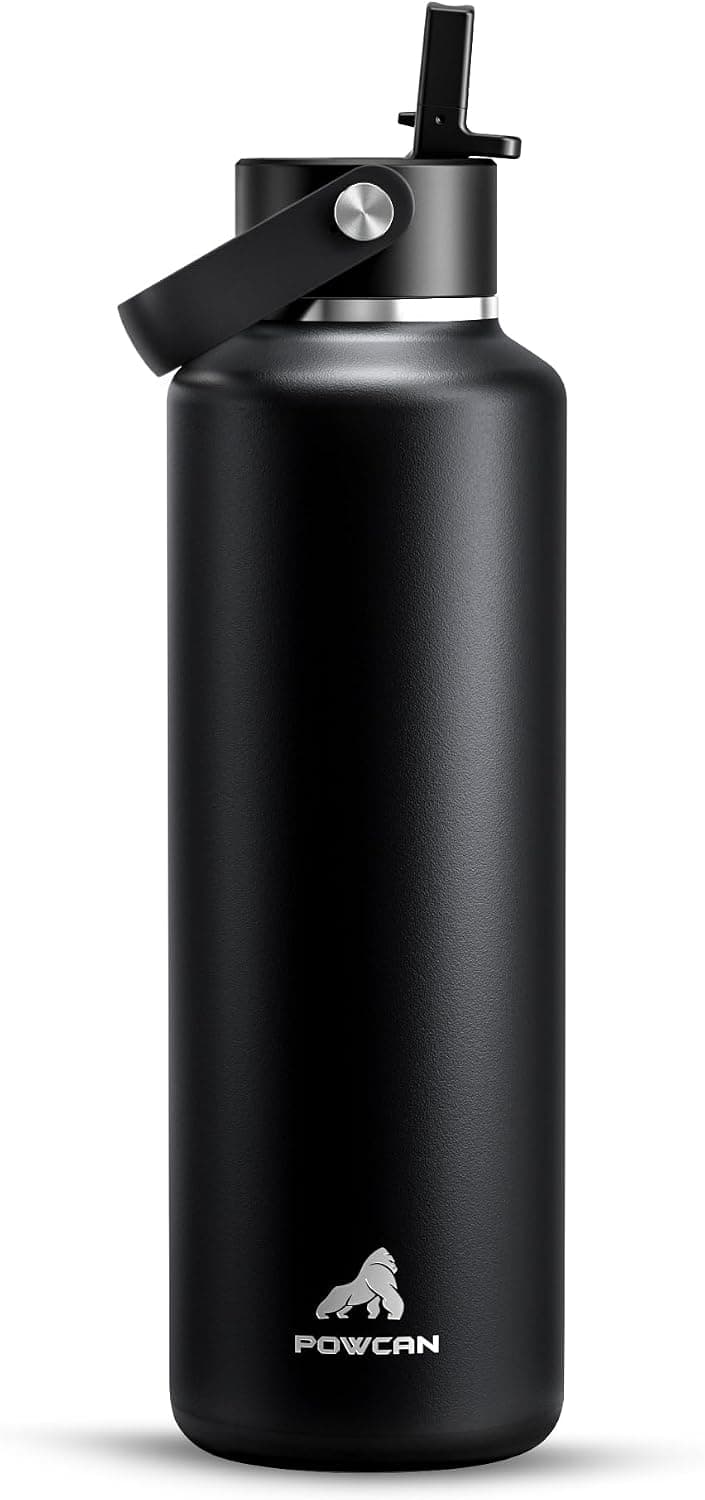 POWCAN 24 oz Slim Insulated Water Bottle with Straw: Leakproof, Keep Cold 24H, Cupholder Friendly, Top Handle, BPA-free, Stainless Steel Water Bottle for Sport, Travel, School, Gym (Midnight Black)