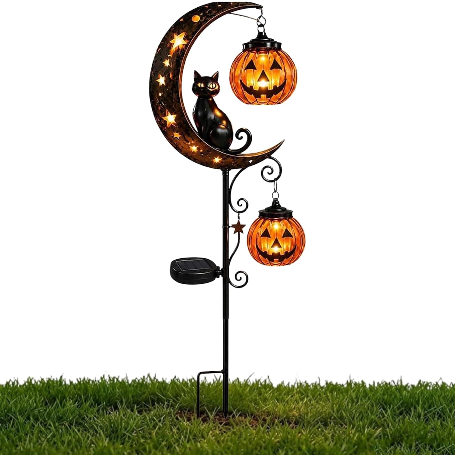 Solar Halloween Black Cat & Pumpkin Moon Garden Stake Light, Outdoor Waterproof LED Yard Decoration with Crescent Moon, Hanging Jack-o'-Lantern Lantern for Patio Lawn Path Yard (A #)