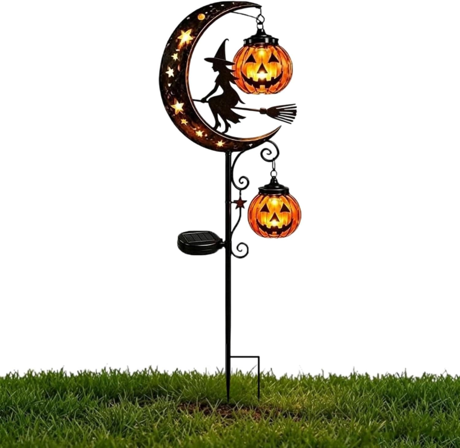 Solar Halloween Black Cat & Pumpkin Moon Garden Stake Light, Outdoor Waterproof LED Yard Decoration with Crescent Moon, Hanging Jack-o'-Lantern Lantern for Patio Lawn Path Yard (D #)