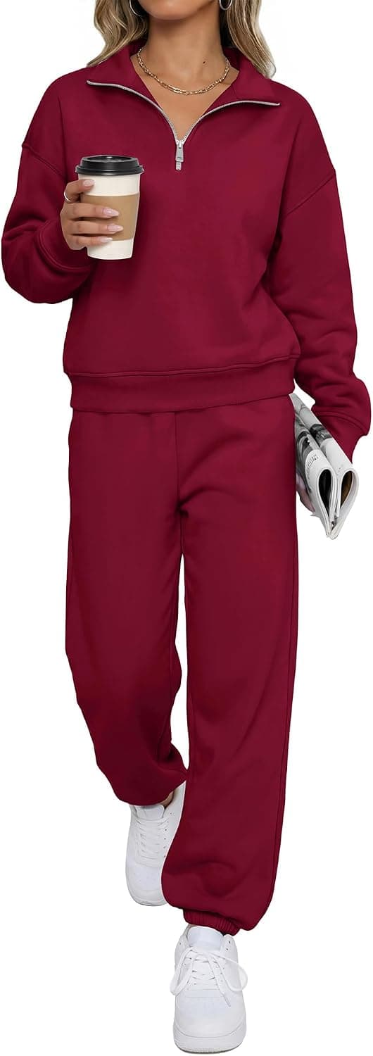 BTFBM Womens 2 Piece Outfits Sweatsuit Fleece Lounge Sets | Quarter Zip Pullover Sweatshirt,Baggy Jogger Sweatpants,2026 Fall Fashion Clothing,Airport Travel Matching Sweat Set