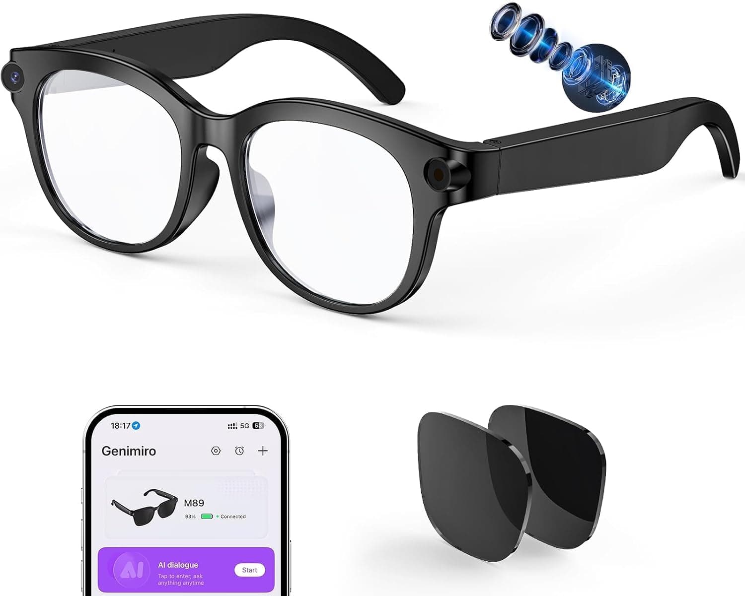 AI Smart Glasses with Camera, HD Bluetooth Camera Glasses with Audio, Video Recording Sunglasses for Women Men, Real Time Translation, Voice Assistant, Open Earbuds for Travel, Work Vlog