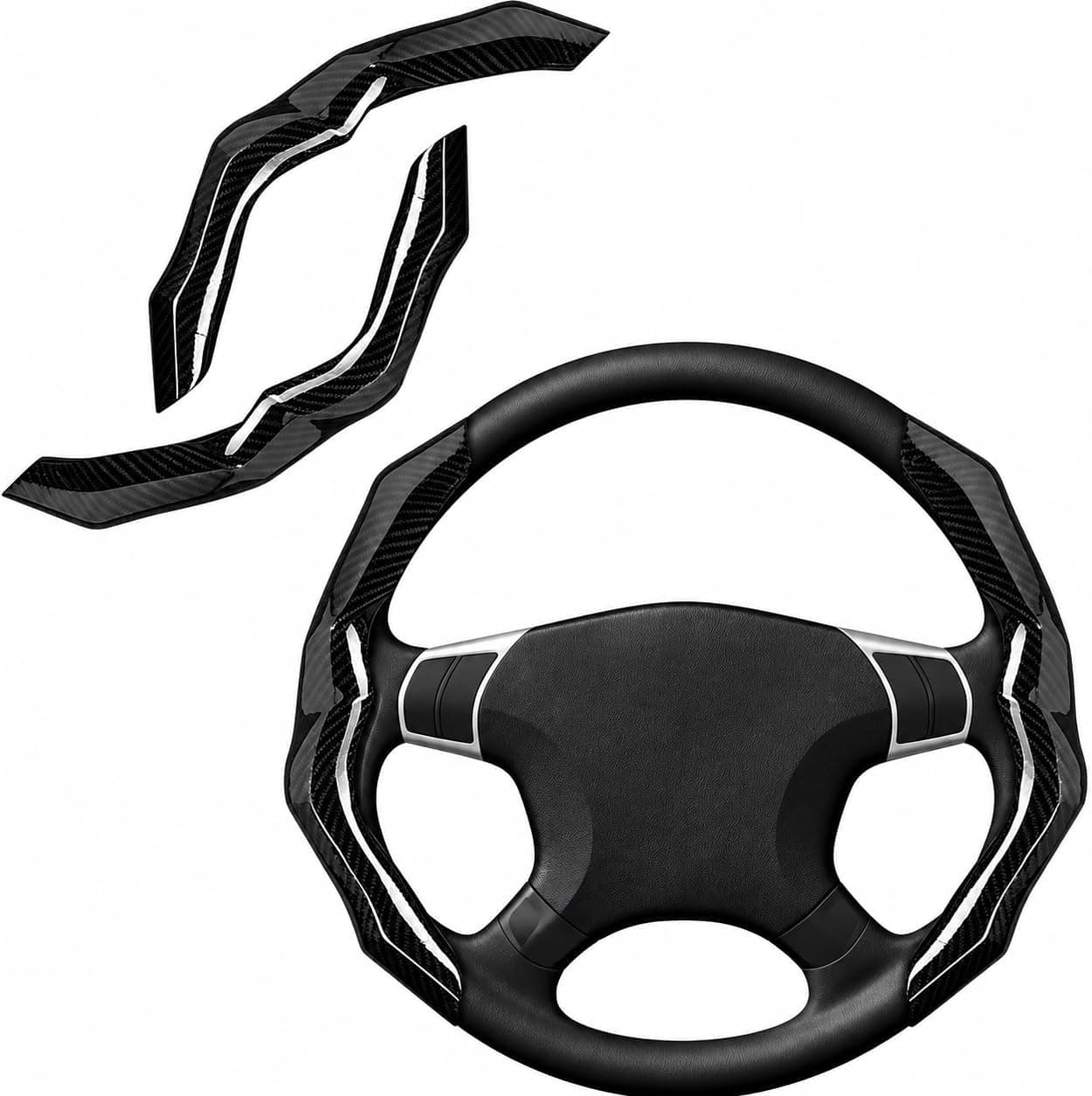 Carbon Fiber Steering Wheel Cover 2PCS Segmented Clip-on Protector (Black) | Universal Fit, Anti-Slip Lining, Sporty Style, Car Interior Accessory for Men and Women