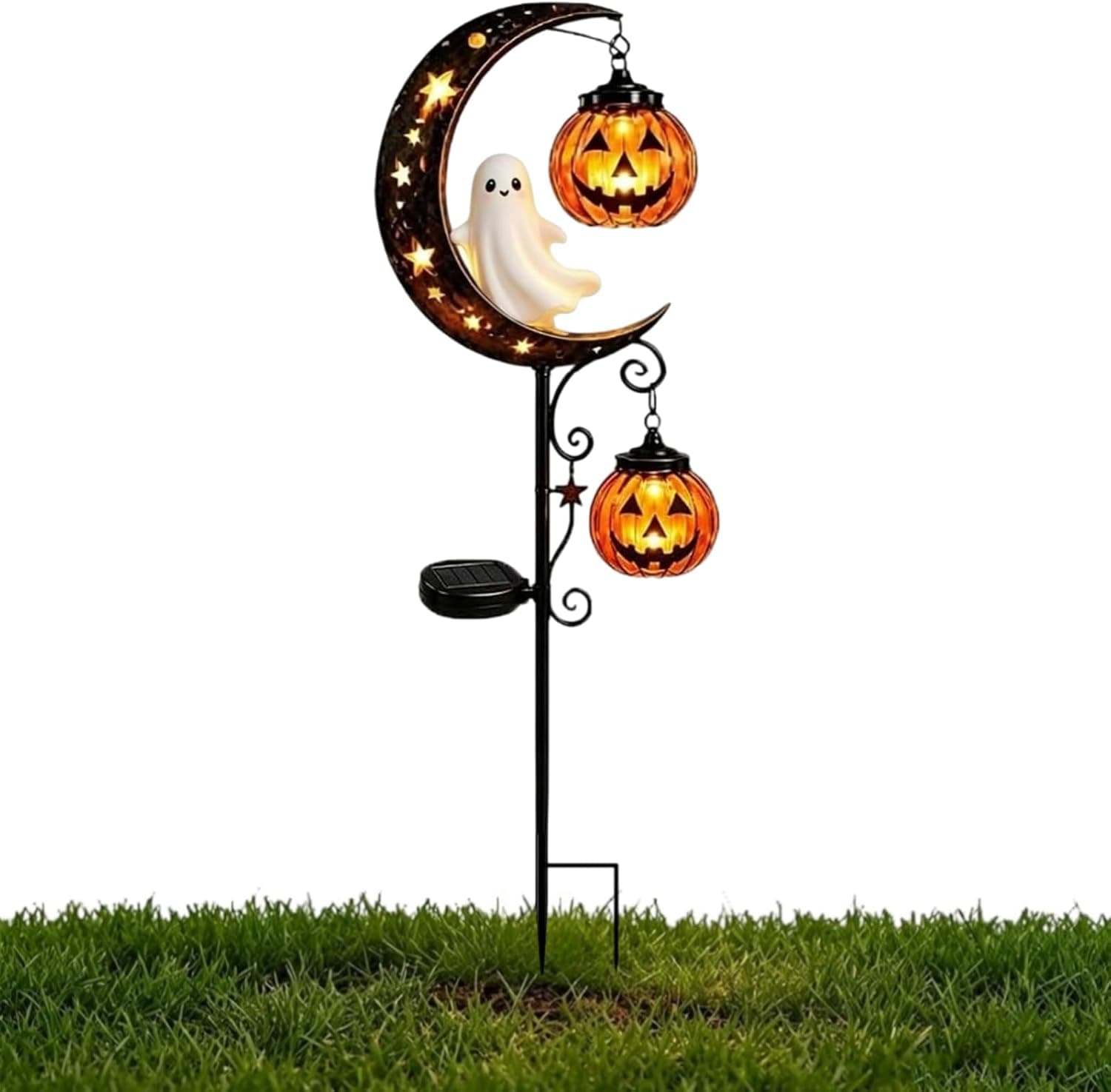 Solar Halloween Black Cat & Pumpkin Moon Garden Stake Light, Outdoor Waterproof LED Yard Decoration with Crescent Moon, Hanging Jack-o'-Lantern Lantern for Patio Lawn Path Yard (E #)
