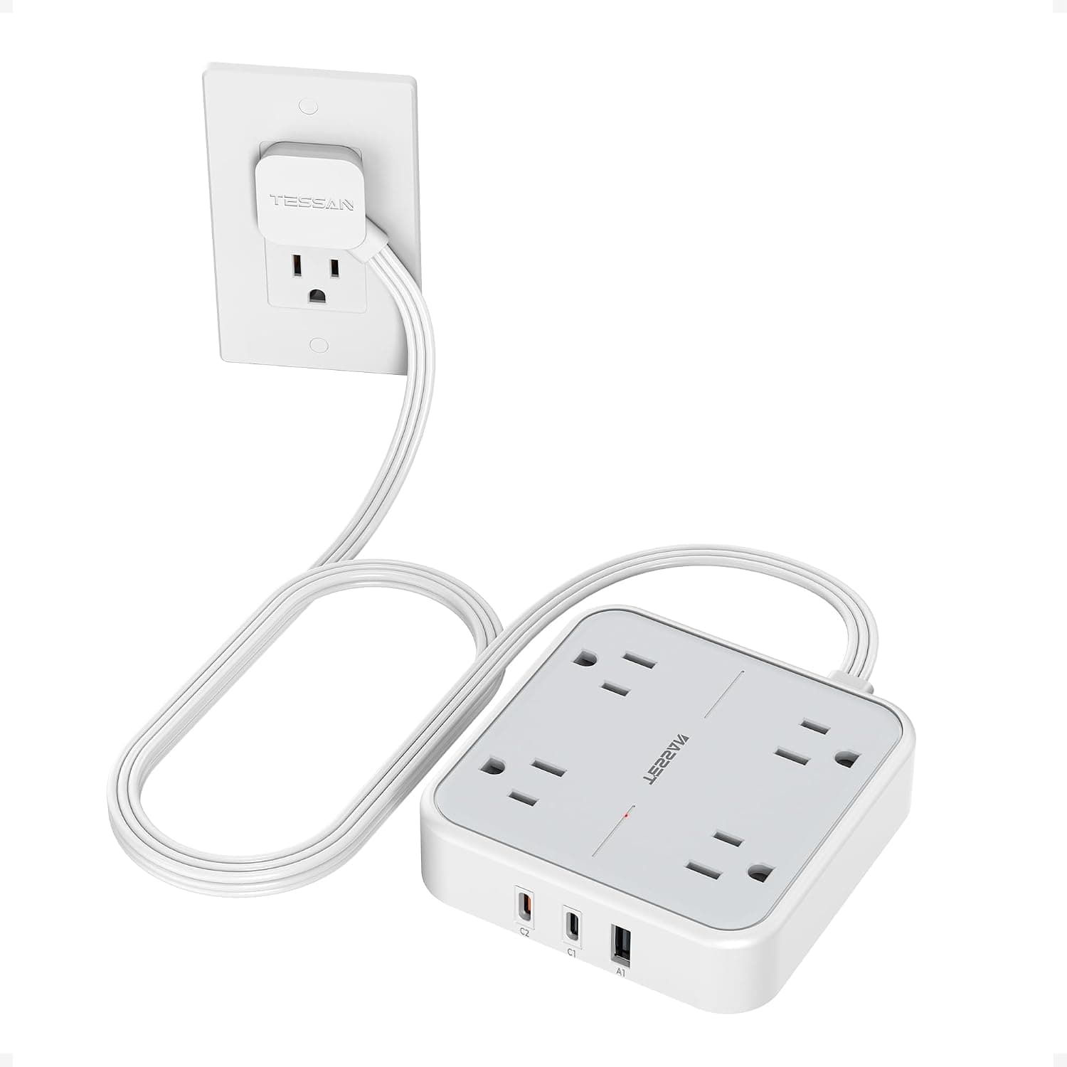 TESSAN Surge Protector Flat Extension Cord 5Ft, Flat Plug Power Strip | 4 Outlets 3 USB Ports (2 USB C), 900 Joules Protection, Multiple Wall Outlet Extender Suitable for Home Office Dorm, Grey