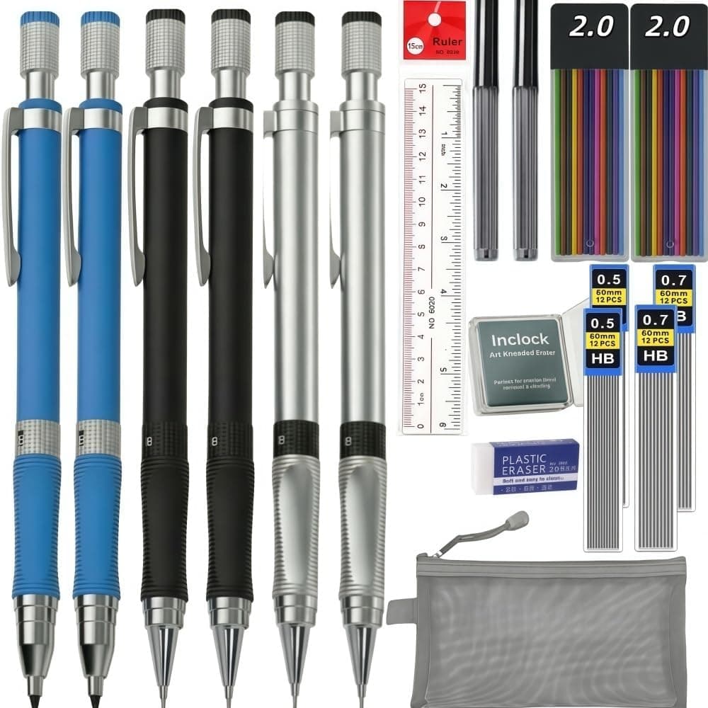 0.5mm 0.7mm 2.0mm Mechanical Pencil: 6 Pencils Set with Case Drawing Sketch | Includes 6 pencils in 0.5mm, 0.7mm and 2.0mm sizes, HB and colored lead refills, erasers, ruler and case for school use.