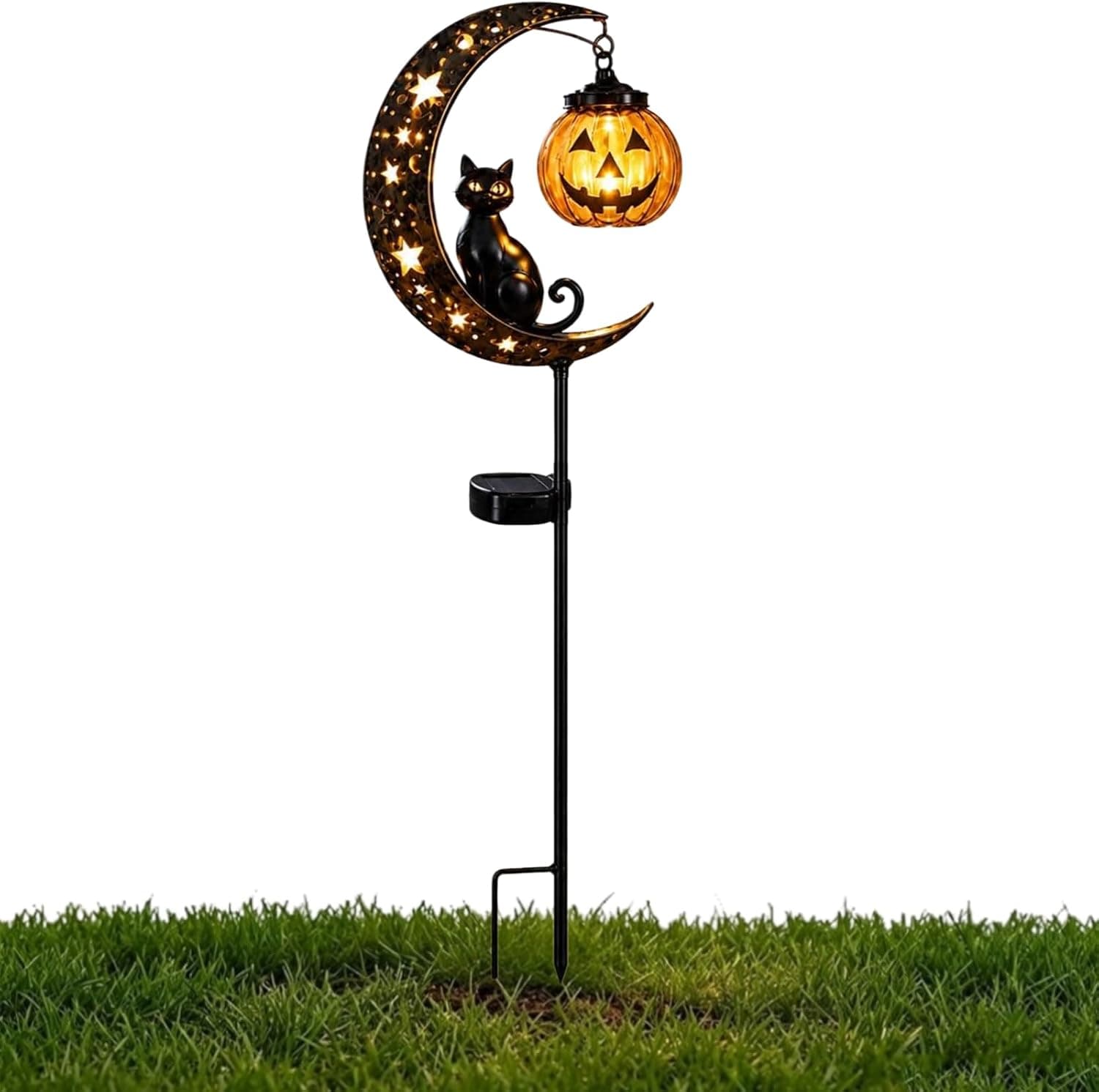 Solar Halloween Black Cat & Pumpkin Moon Garden Stake Light, Outdoor Waterproof LED Yard Decoration with Crescent Moon, Hanging Jack-o'-Lantern Lantern for Patio Lawn Path Yard (C #)
