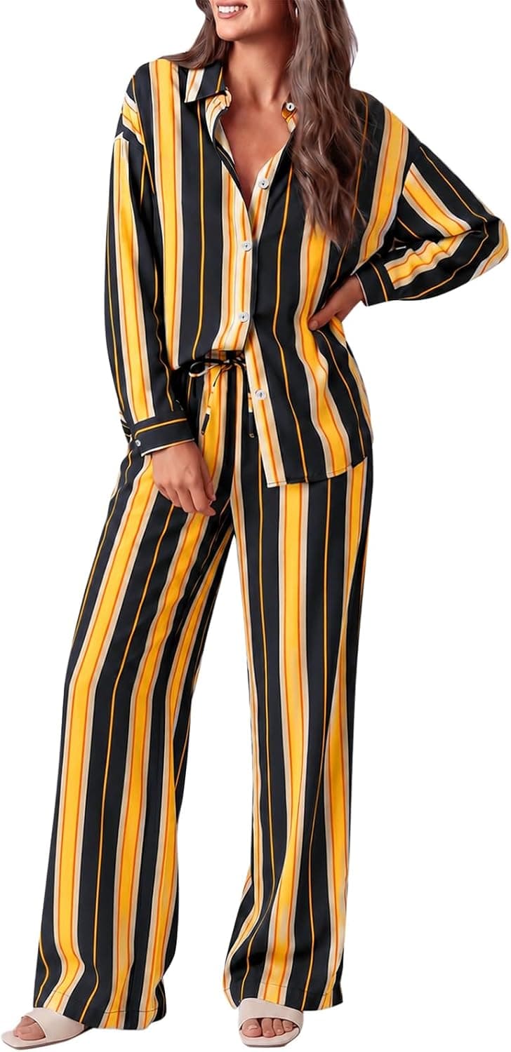 Tankaneo Womens Striped Matching Sets 2 Piece Outfits Loose Fit Lounge Sets