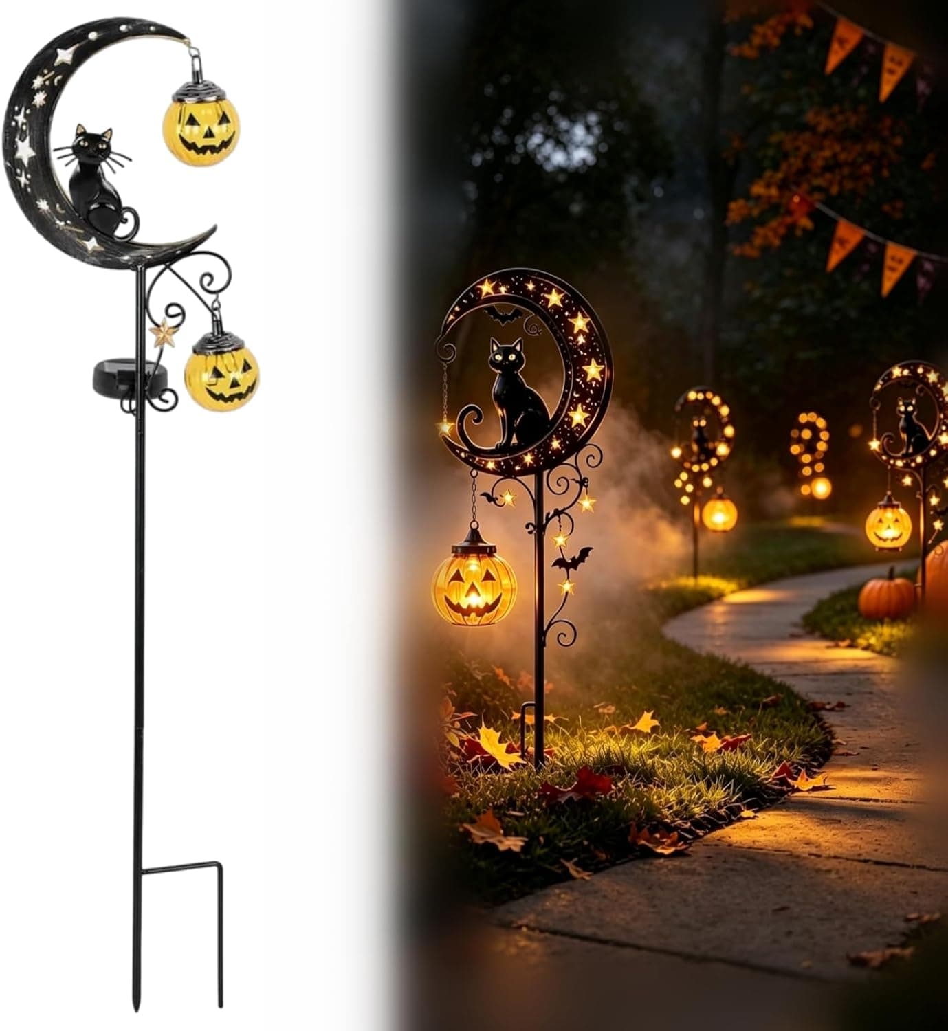 Solar Halloween Black Cat & Pumpkin Moon Garden Stake Light, Metal Crescent Moon & Pumpkin Lantern, Outdoor Waterproof LED Yard Decoration with Crescent Moon, for Patio Lawn Path Yard (C #)