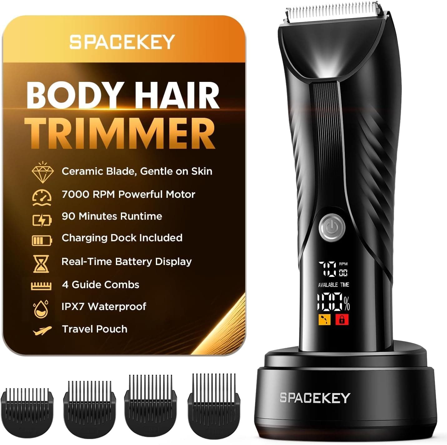 Spacekey Electric Body Hair Trimmer - IPX7 Waterproof Ball Trimmer for Men with LED Light, Wet/Dry Groomer, USB-C Rechargeable, Travel Bag Included - Men's Pubic, Groin and Body Shave