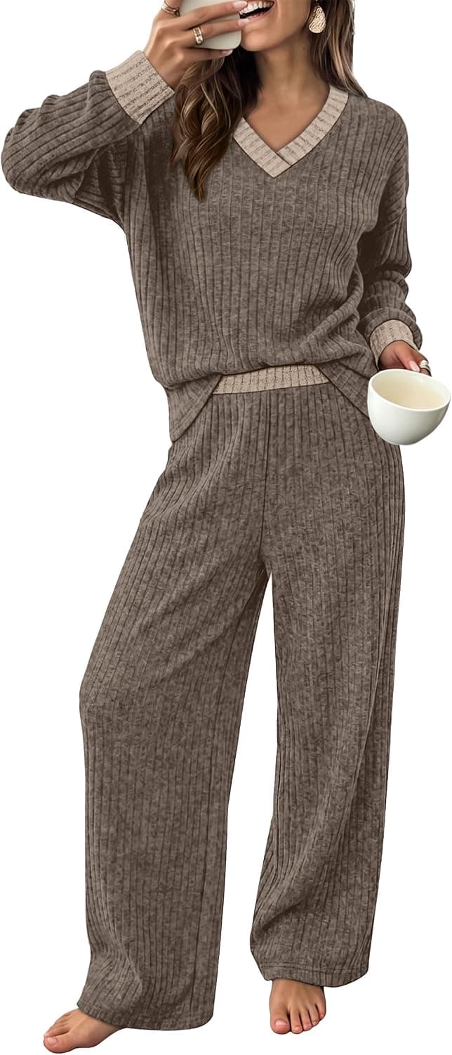 2 Pieces Lounge Sets for Women Drop Shoulder Top Wide Leg Pant Matching Set