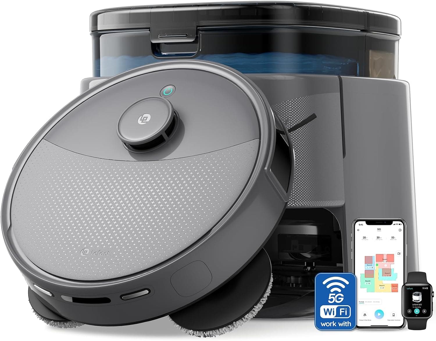 Lefant Robot Vacuum and Mop, 20000Pa Suction, 115℉ Hot Water Mop Washing&Drying,Smart Obstacle Avoidance, All-in-One Dock, 200RPM Spinning Mops, 5G WiFi/Alexa/APP/iWatch Control, M3 Max