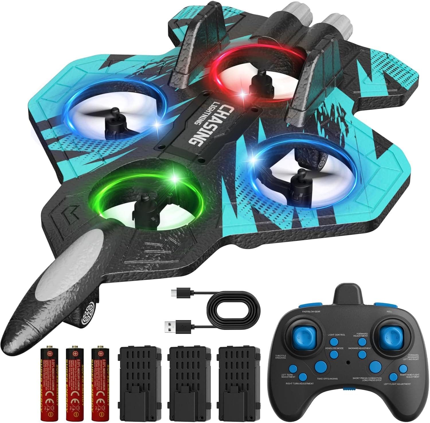 Foam RC Plane with 3 Drone Batteries and 3*AAA Batteries (Black/Blue)