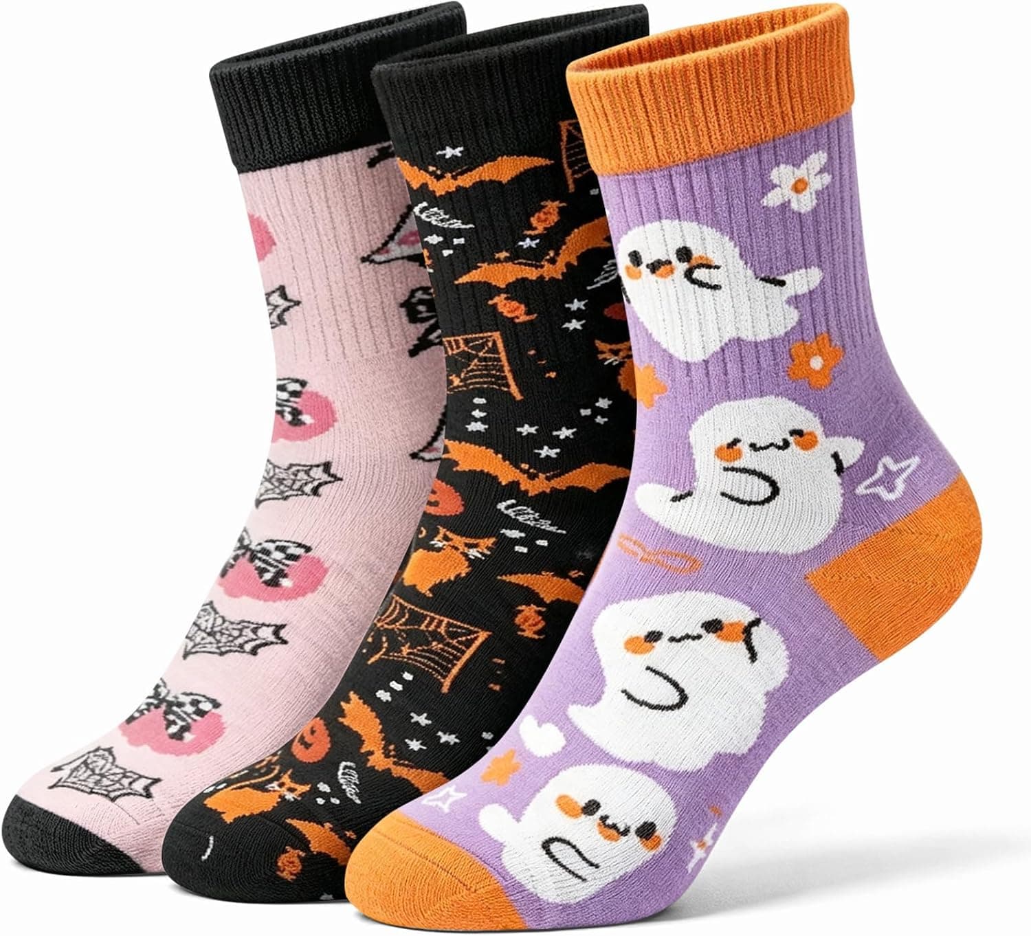Cute Halloween Ghost Socks, 3 Pairs Bat Spider Web Men Women Mid Calf Socks