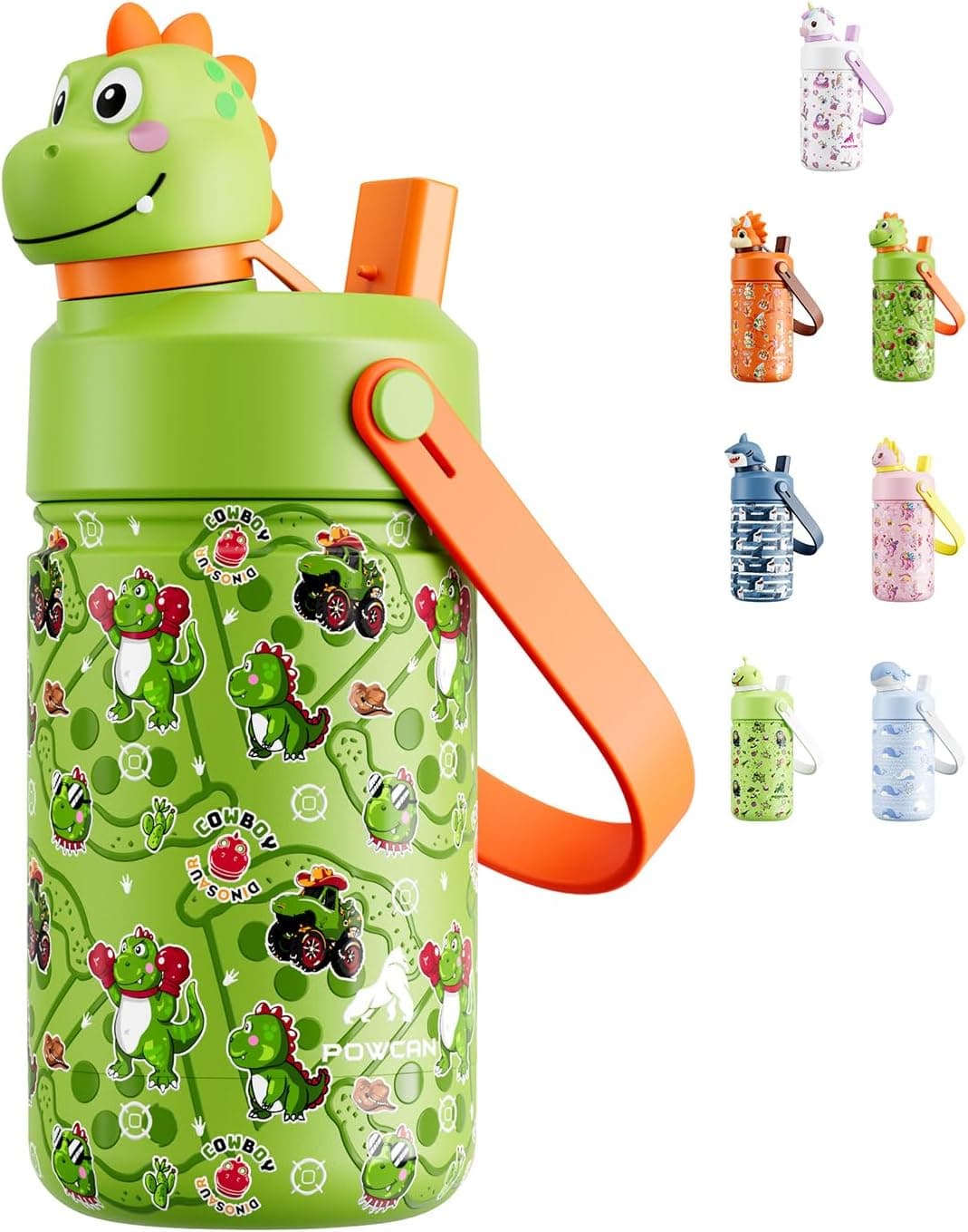 POWCAN Kids Water Bottle for School: 2-in-1 Straw Spout Lid with Soft Animal Head, Leakproof, Backpack Friendly, Keep Cold 24H, Insulated cup for Sports, Playground, Holiday Gift, Cowboy Rex 12 Ounces