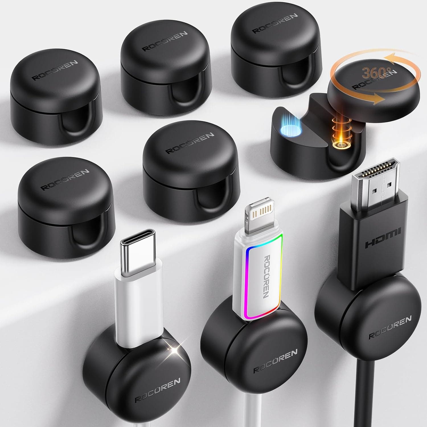 Rocoren 9 Pack Magnetic Cable Clips 360° Rotating Adhesive Cord Holder