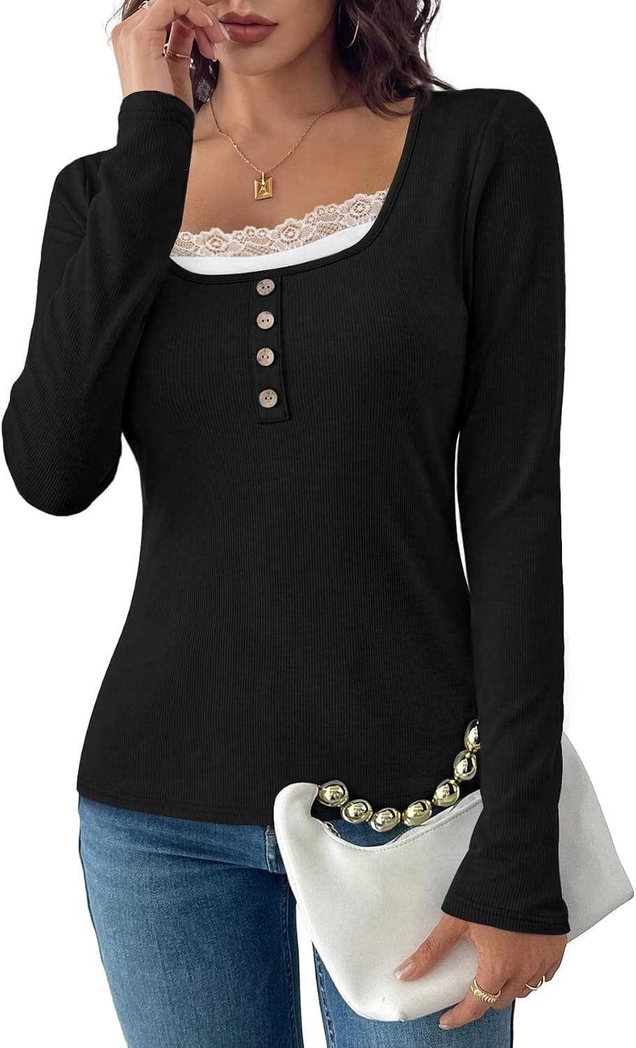 WIHOLL Women's Long Sleeve Tops Lace Trim Scoop Neck Shirts Fall Clothes Fashion 2026
