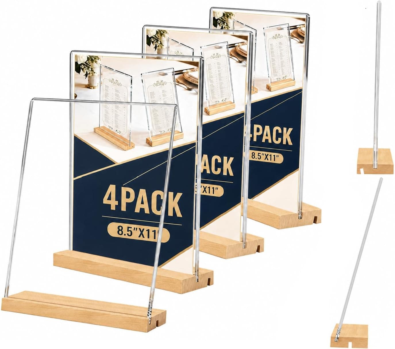 8.5x11 Acrylic Sign Holder with Wood Base 4 Pack Adjustable Vertical/Slant