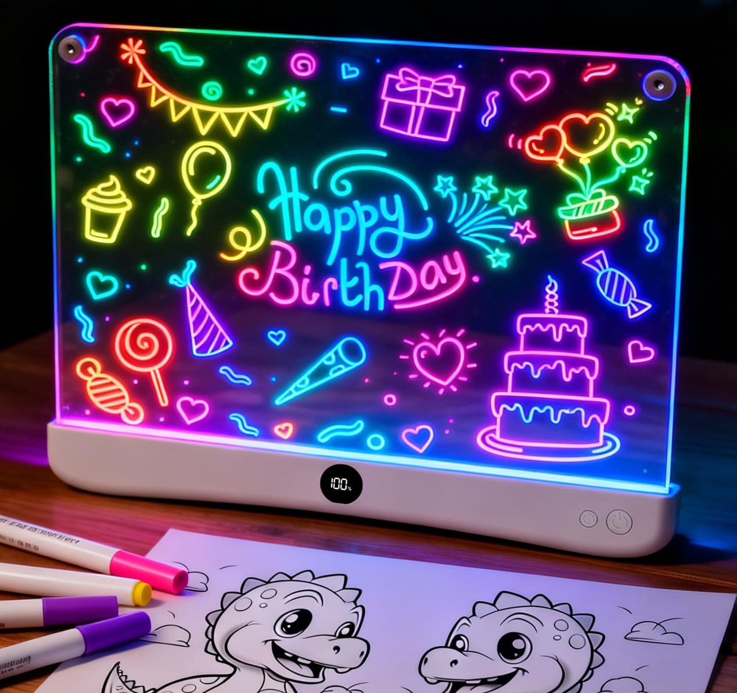 16" Large Rechargeable LED Drawing Board for Kids with Stepless Dimming | Light Up Doodle Glow Pad with Battery Display, 7 Colors & 4 Modes, Hanging & Stand Options, Educational Gift Toy for Kids