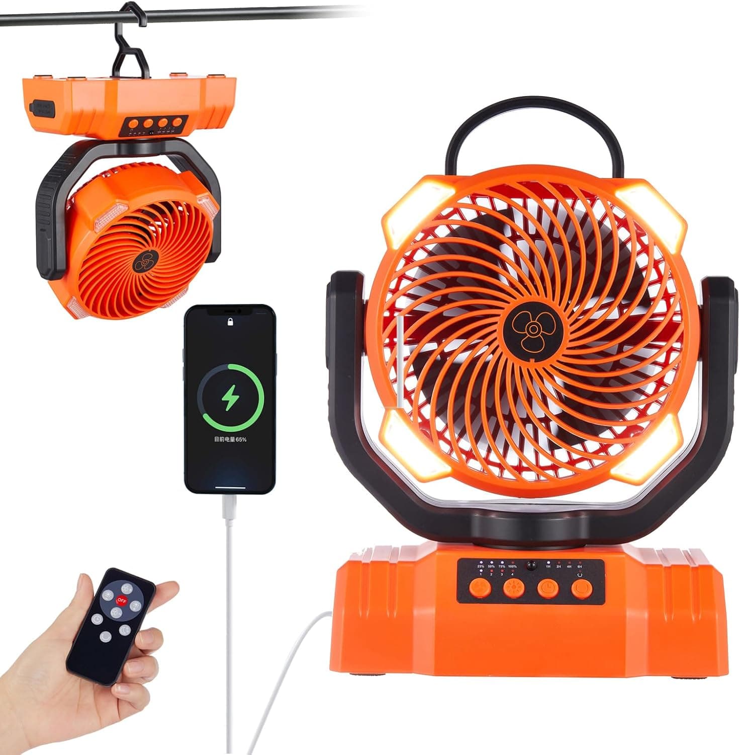 Rechargeable Fan,Operated Camping Battery Powered Fan with Hook&Bright LED Light,Remote Control Timer Auto Oscillation Cordless for Outdoor Power Outage,Picnic,Barbecue,Fishing,Worksite,Home,Tent