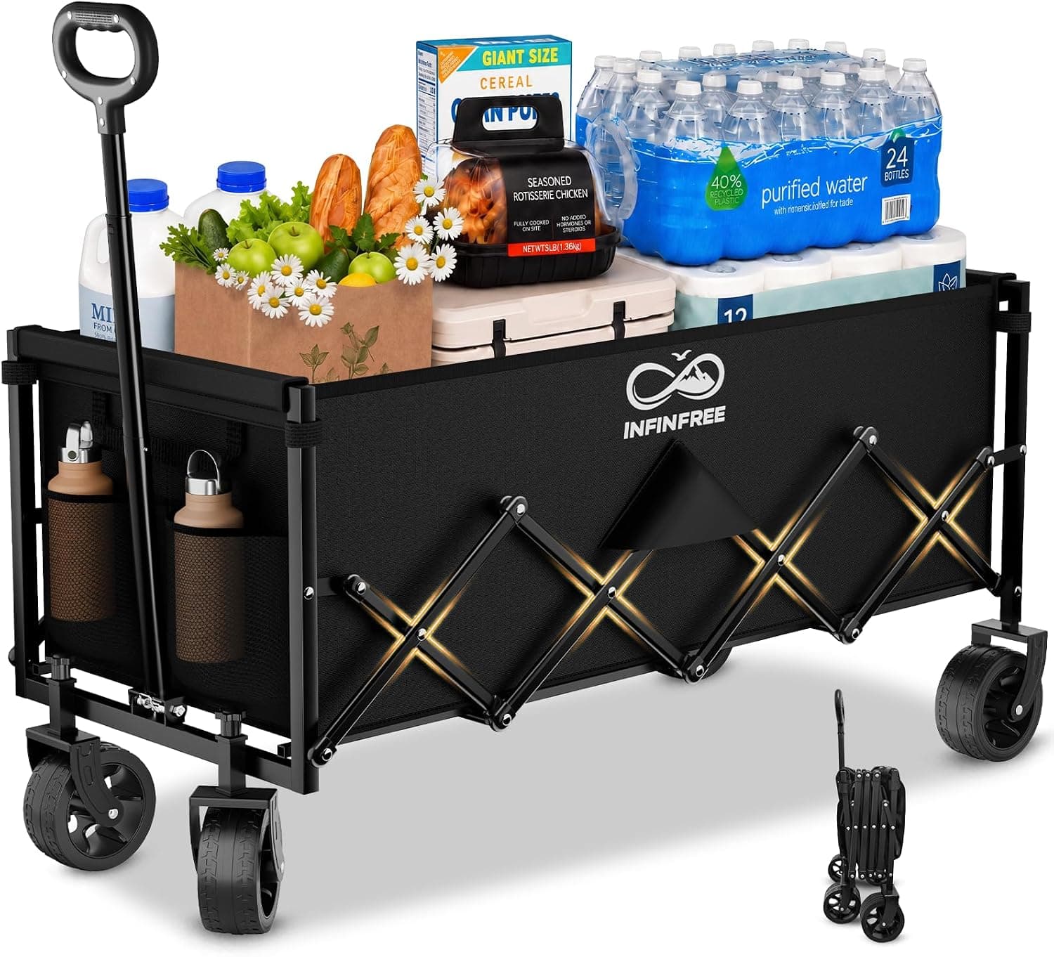 34" Extra Long Foldable Wagon with All-Terrain Wheels, 260 LBS Capacity Collapsible Utility Cart for Grocery Shopping, Apartment Moving, Camping, Picnic, Sports Black