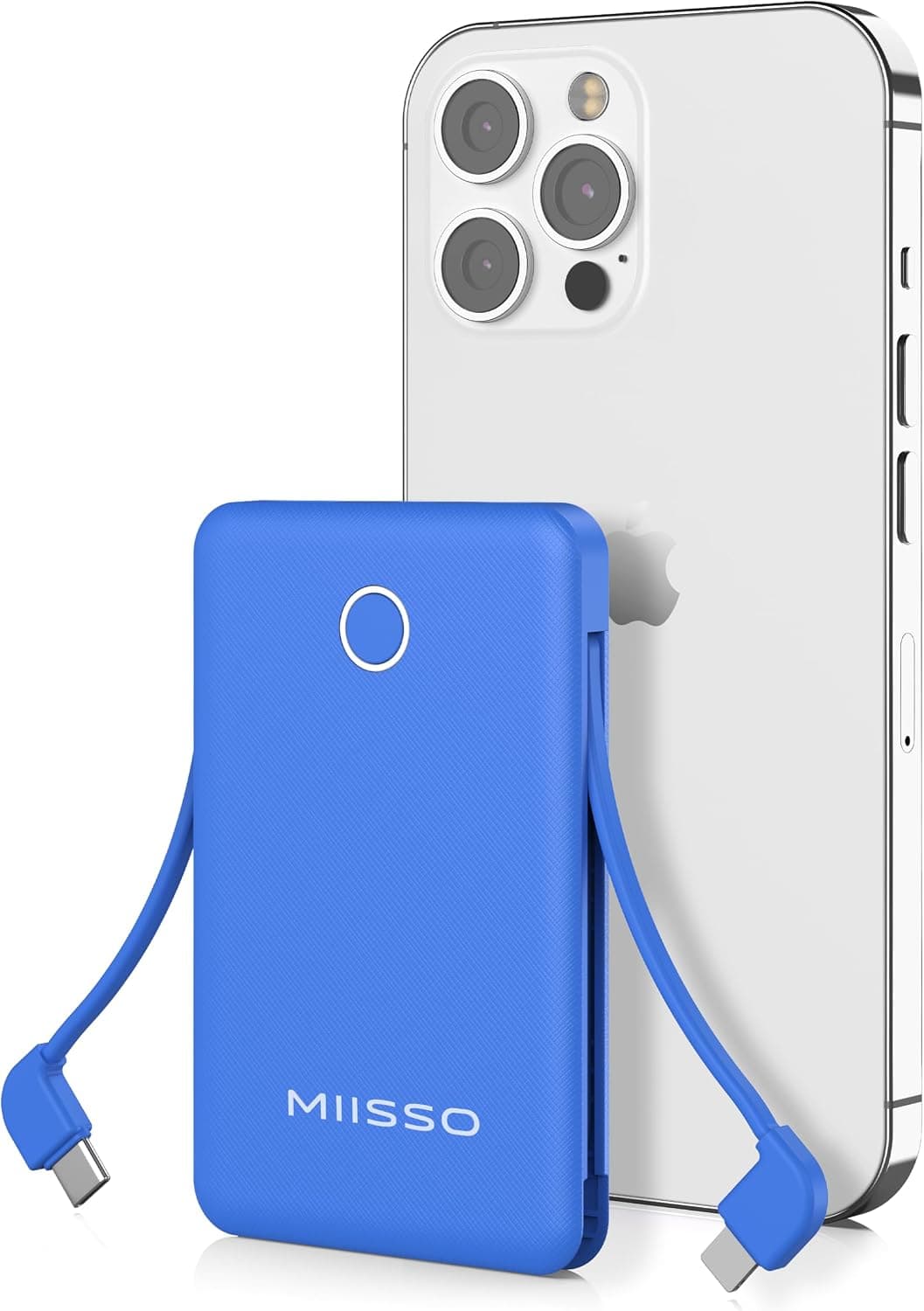 miisso 6000mah Ultra Slim Power Bank, Card Size, Deep Blue | Built in Cables, USB C Cords, Travel Essential, Battery Pack Portable Charger for Phones, 3 Output, Compatible with iPhone
