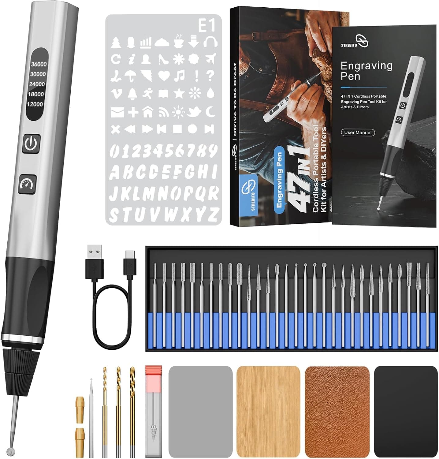 STREBITO Engraving Pen for Metal Wood Glass Plastic, 47 in 1 Engraving Kit | 5 Speeds Up to 36000 RPM, USB-C Rechargeable, Diamond Bit, Beginner Friendly, Portable Engraving Pen Kit for Artists & DIYers