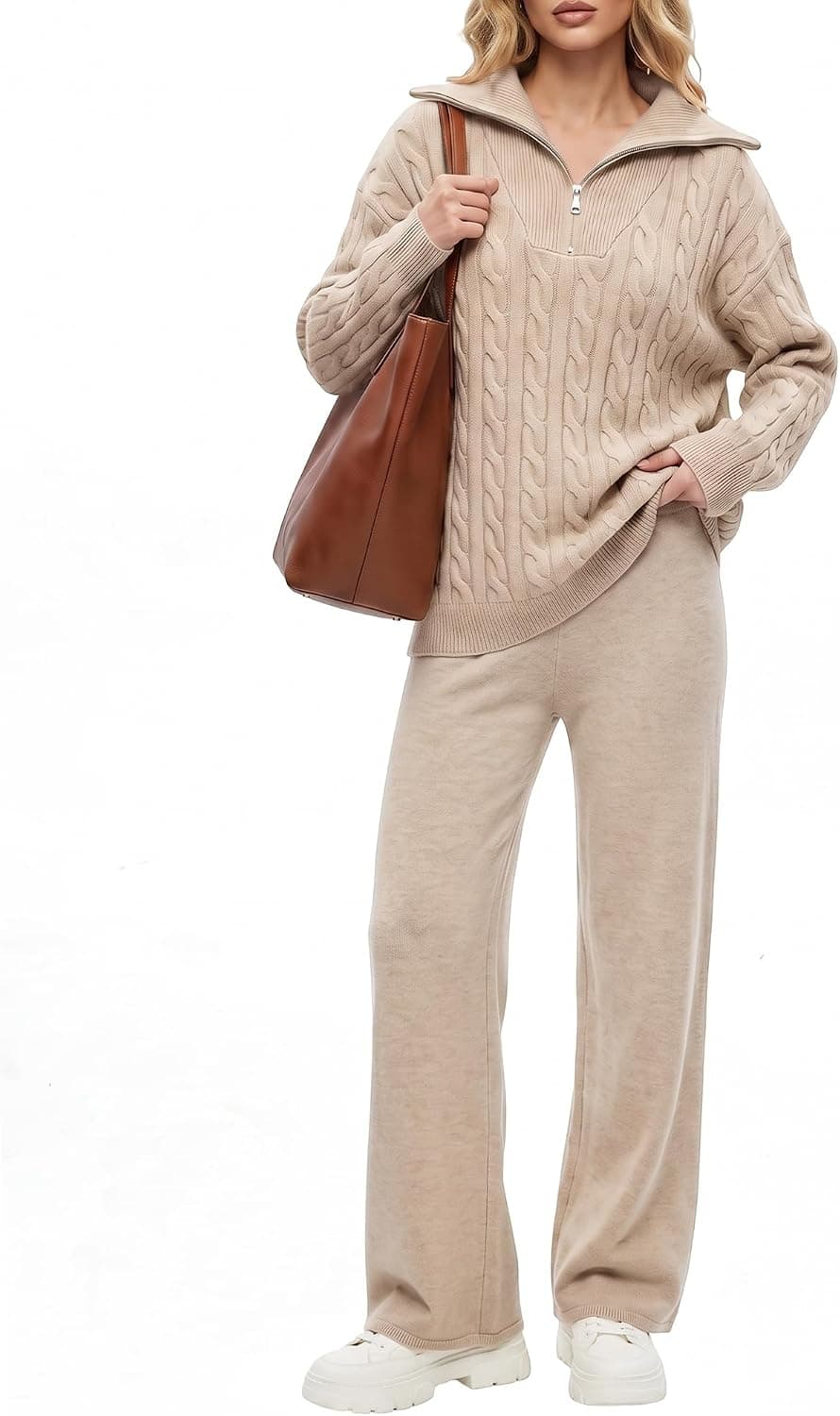 Womens Half-Zip Cable Knit Sweater Set, Long Sleeve Top&Wide Leg Pants 2026