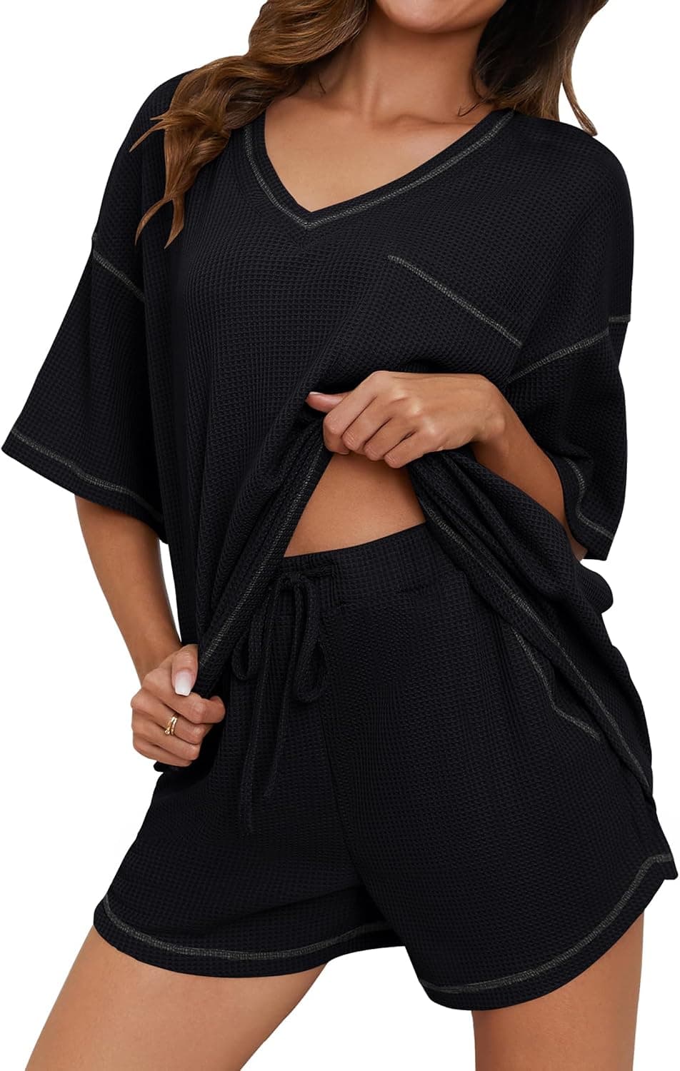 Womens Pajama Sets Waffle Knit 2 Piece Short Lounge Set Cute Sleep Loungewear Pjs Set Short Sleeve Top and Shorts