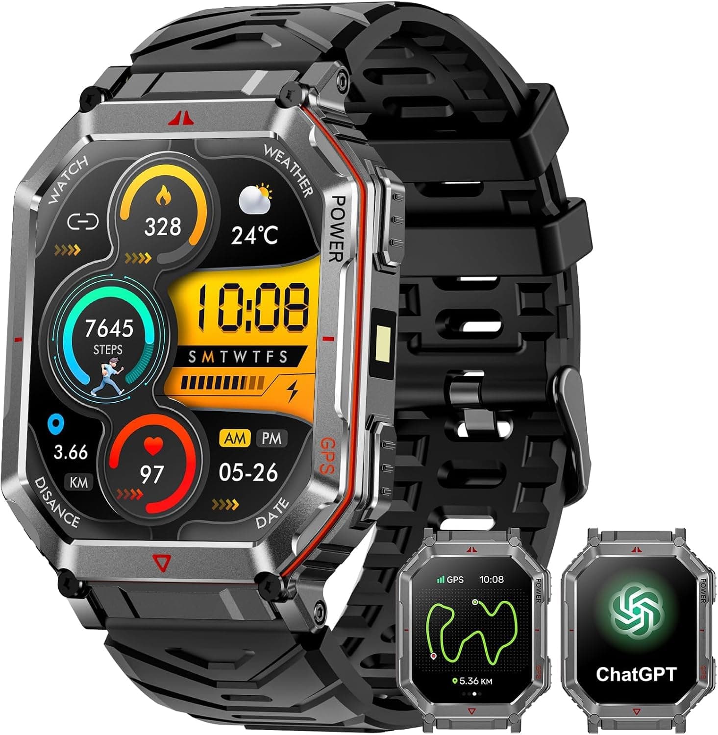 Military Smart Watches for Men with GPS,Compass,2.01" HD Display Bluetooth Calls,Smartwatch with GPT Voice Assistant,LED Flashlight,Fitness Tracker with 120+ Sports Modes,Compatible with Android & iOS