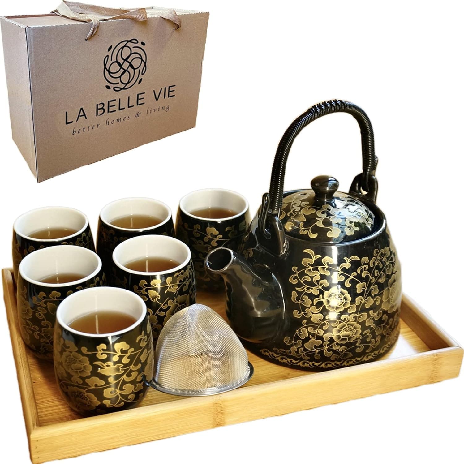 La Belle Vie Black Porcelain Tea Set, 6 Cups with Infuser