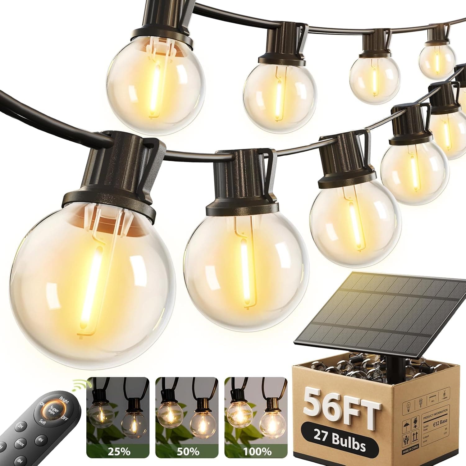 addlon 56FT(50+6) Solar String Lights Outdoor with Remote, 27 LED G40 Bulbs