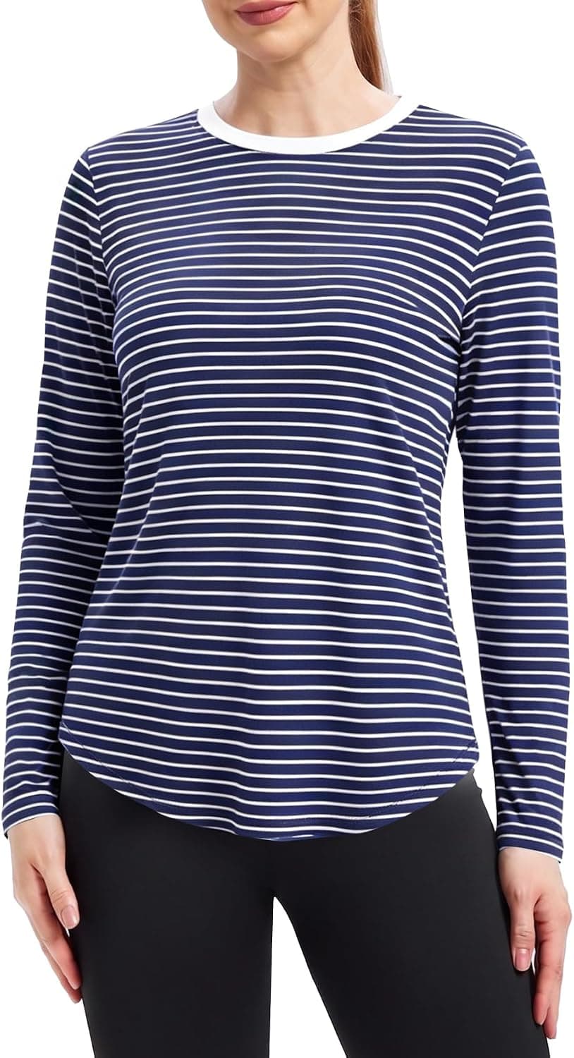 Womens Long Sleeve Top Crew Neck Curved Hem Lightweight Casual Shirt