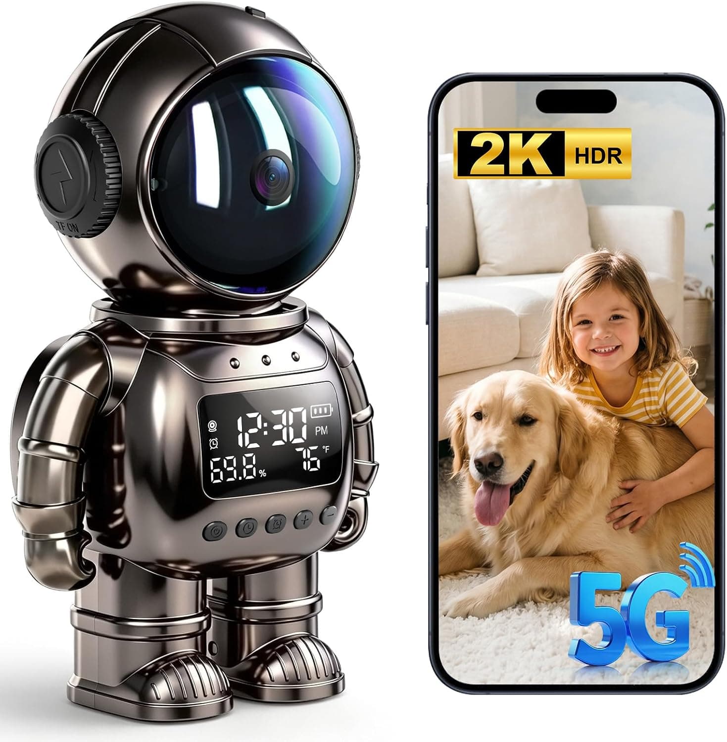 GBIUT Robot Alarm Clock Camera, 2K HD 5G/2.4Ghz WiFi Pet Robot Camera, Human Detection, Night Vision, Two-Way Talk & Motion Alert, Temp Humidity Display, Space Gift for Kids