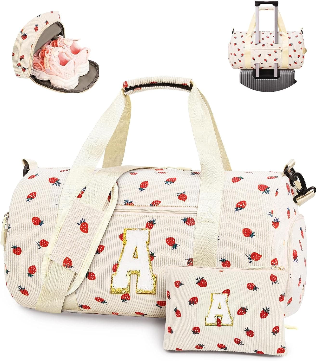 WOOMADA Kids Duffle Bag with Shoe Compartment, Cute Dance Gymnastics Cheer Ballet Overnight Sleepover Weekend Bag, Birthday Gifts for 4 5 6 7 8 9 10 11 12 13 Year Old Tween Teen Girls（beige-A）