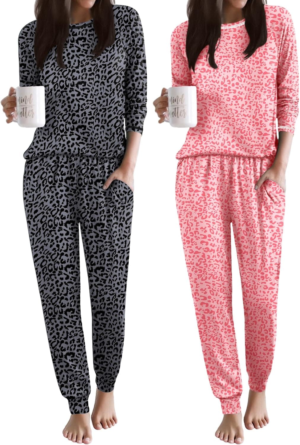 Ekouaer 2 Pack Womens Pajama Sets Soft Jogger Pjs Long Sleeve Lounge Sets