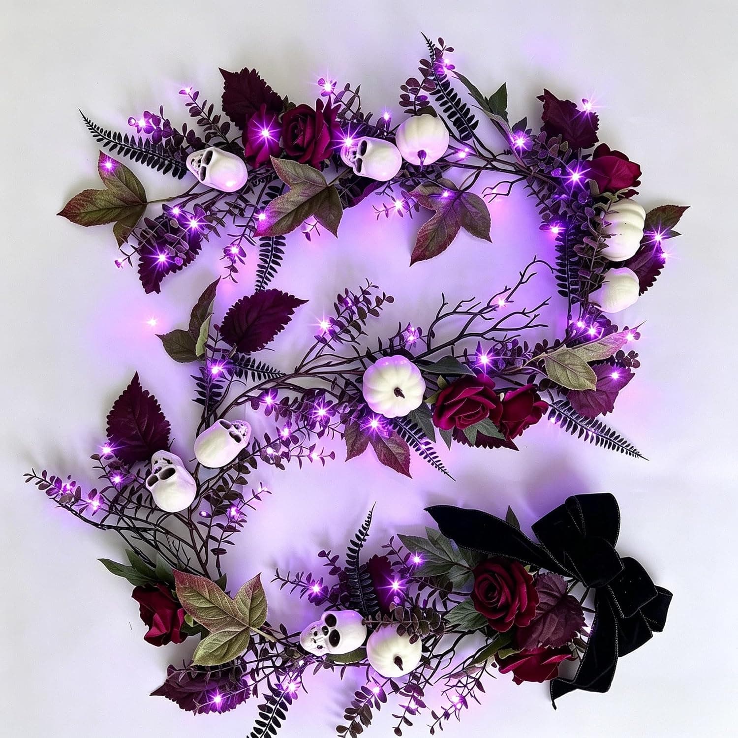 HipTree 6FT Gothic Halloween Garland with Purple Lights | Spooky Garland with Skulls,Burgundy Roses, White Pumpkins, Battery Operated for Mantle Fireplace Staircase Indoor Outdoor