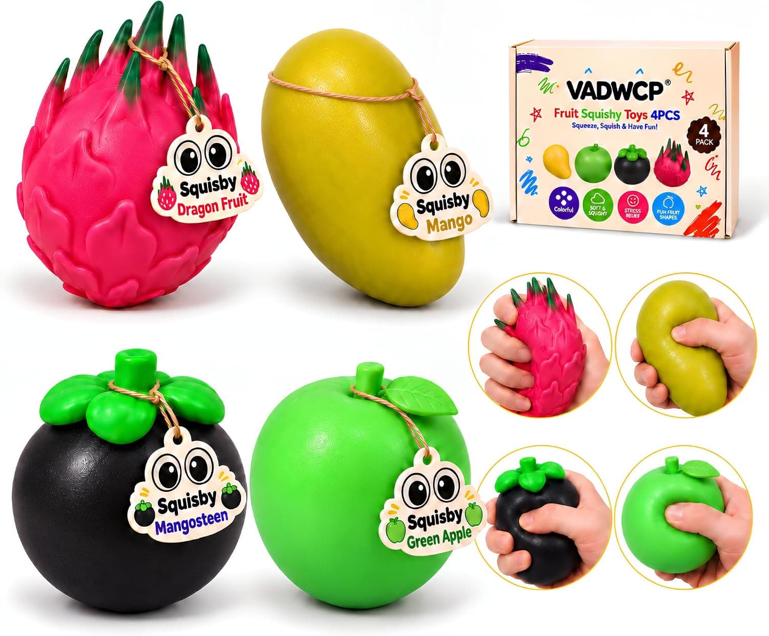 4 Pack Crunchy Squishy Stress Ball Gift Box, ASMR Fruit Squeeze Toys Set