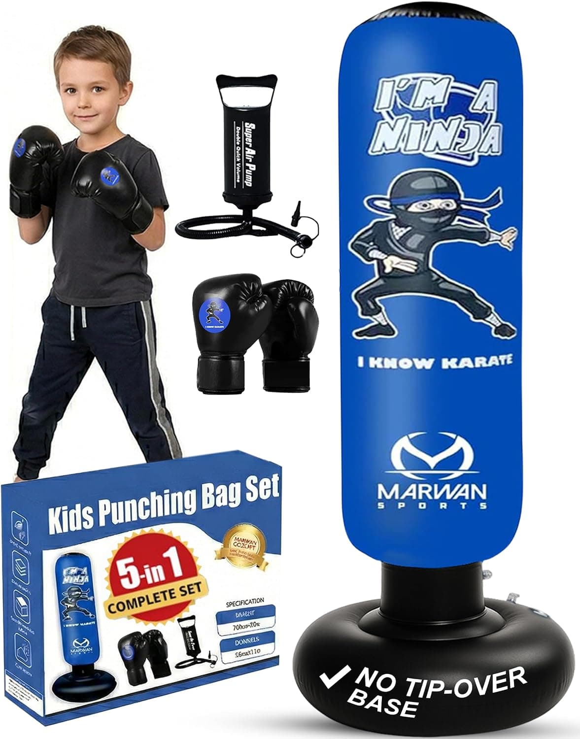 Marwan Sports Ninja 63" Punching Bag for Kids Ages 4-12, 5-in-1 Boxing Set with Kids Boxing Gloves, Pump & Base Cover, Freestanding Sensory Toy, Christmas & Birthday Gift for Boys & Girls