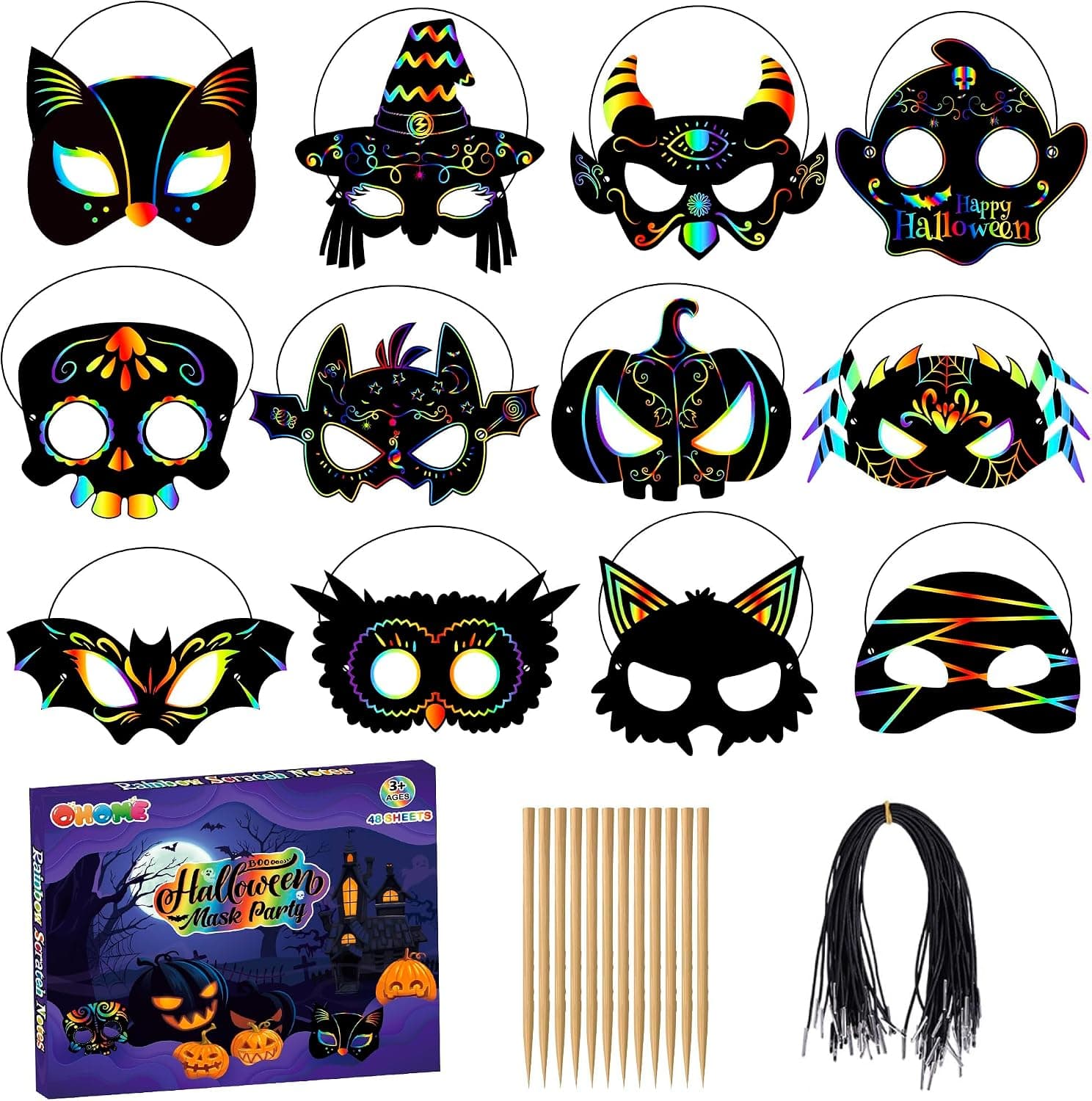OHOME Halloween Games - 24 PCS Rainbow Scratch Mask