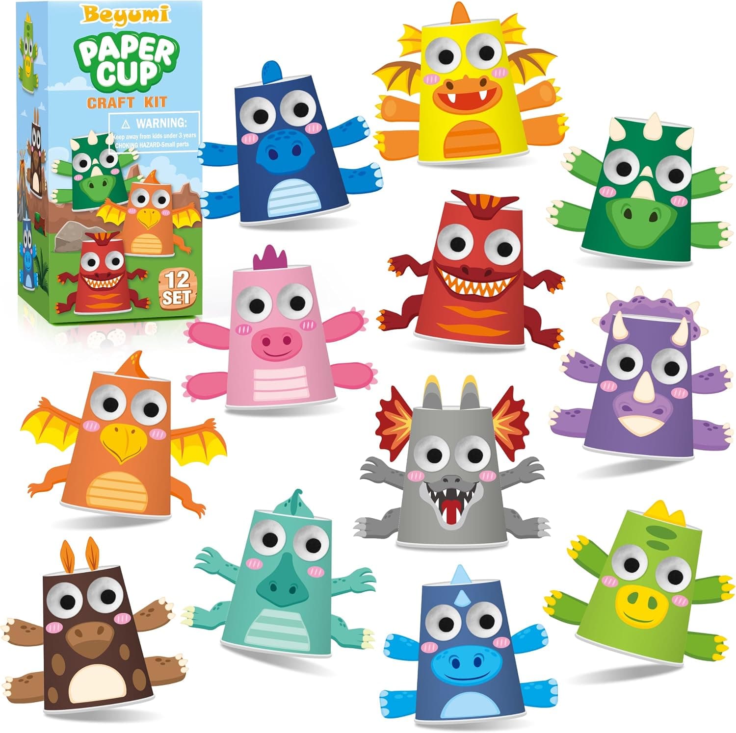 BeYumi Dinosaur Animal Craft Kit - 24Pcs Dinosaur Paper Cup Crafts for Kids
