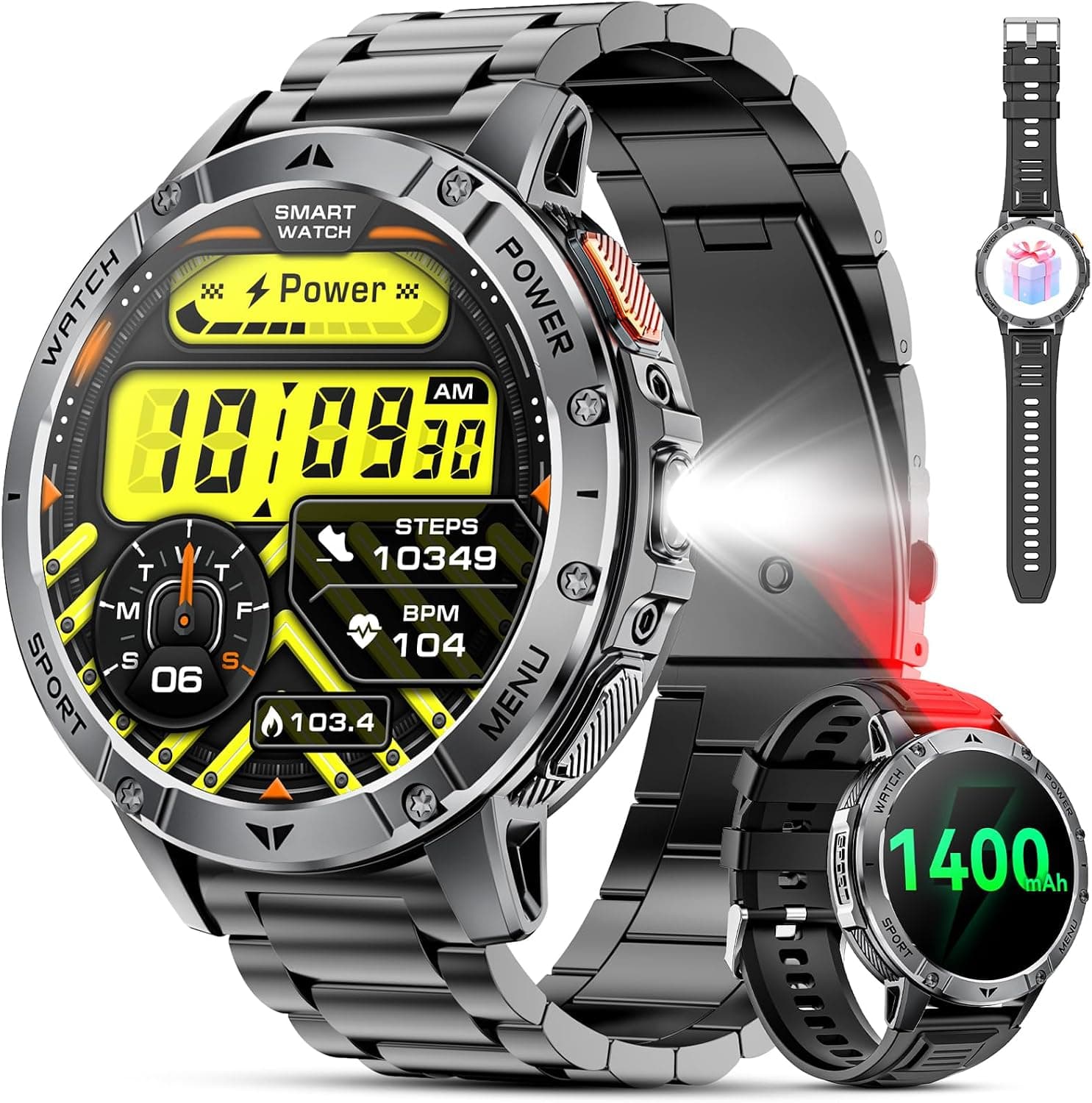 Military Smart Watch for Men, 1.7" Smartwatch with Flashlight & SOS Light
