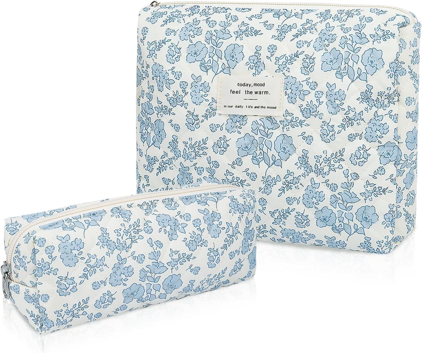 Gosect 2PC Makeup Bag Set, Cute Cosmetic Bag for Women Girls, Floral Coquette Aesthetic Toiletry Bag, Travel Make Up Organizer Bag (Blue Floral)