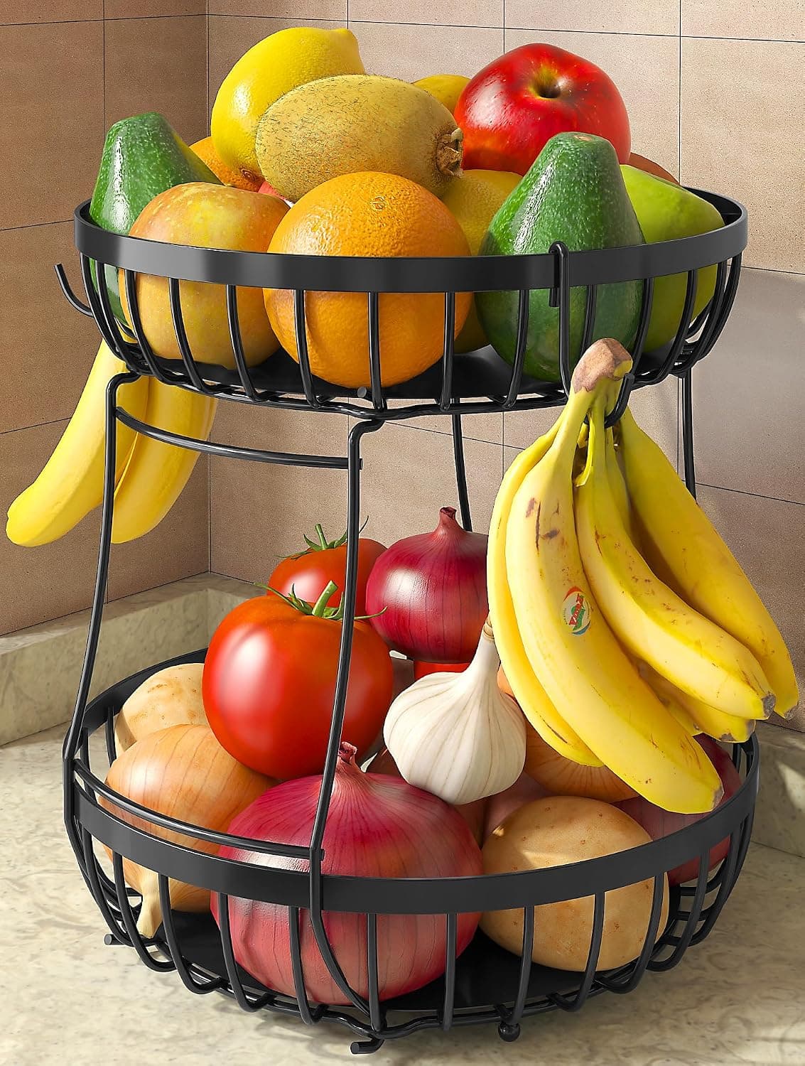 Sevenblue 2 Tier Large Fruit Bowl for Kitchen Counter with 2 Banana Hangers