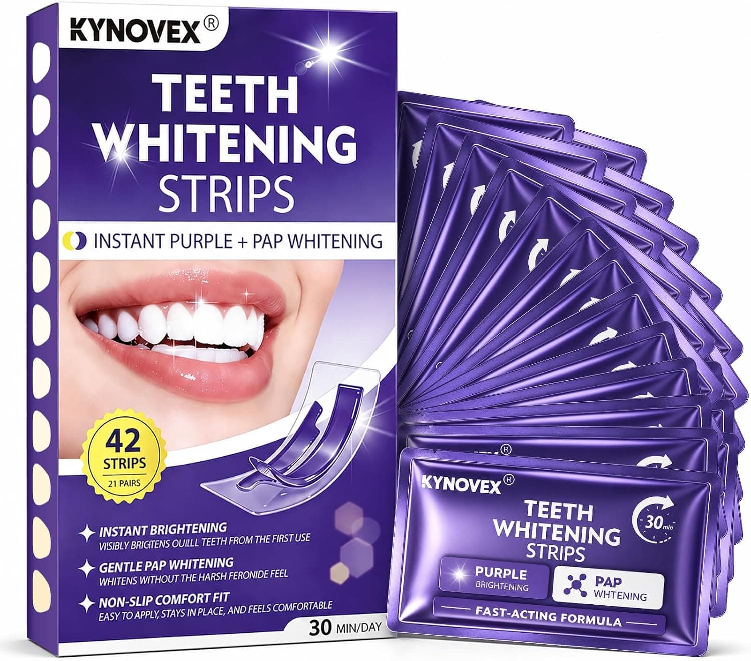 Purple Teeth Whitening Strips, 42 Strips (21 Pairs), Purple Tone Neutralizing Technology for Yellow-Looking Teeth, Pap Formula, Low Sensitivity, 21-Day Whitening Treatment (Mint)