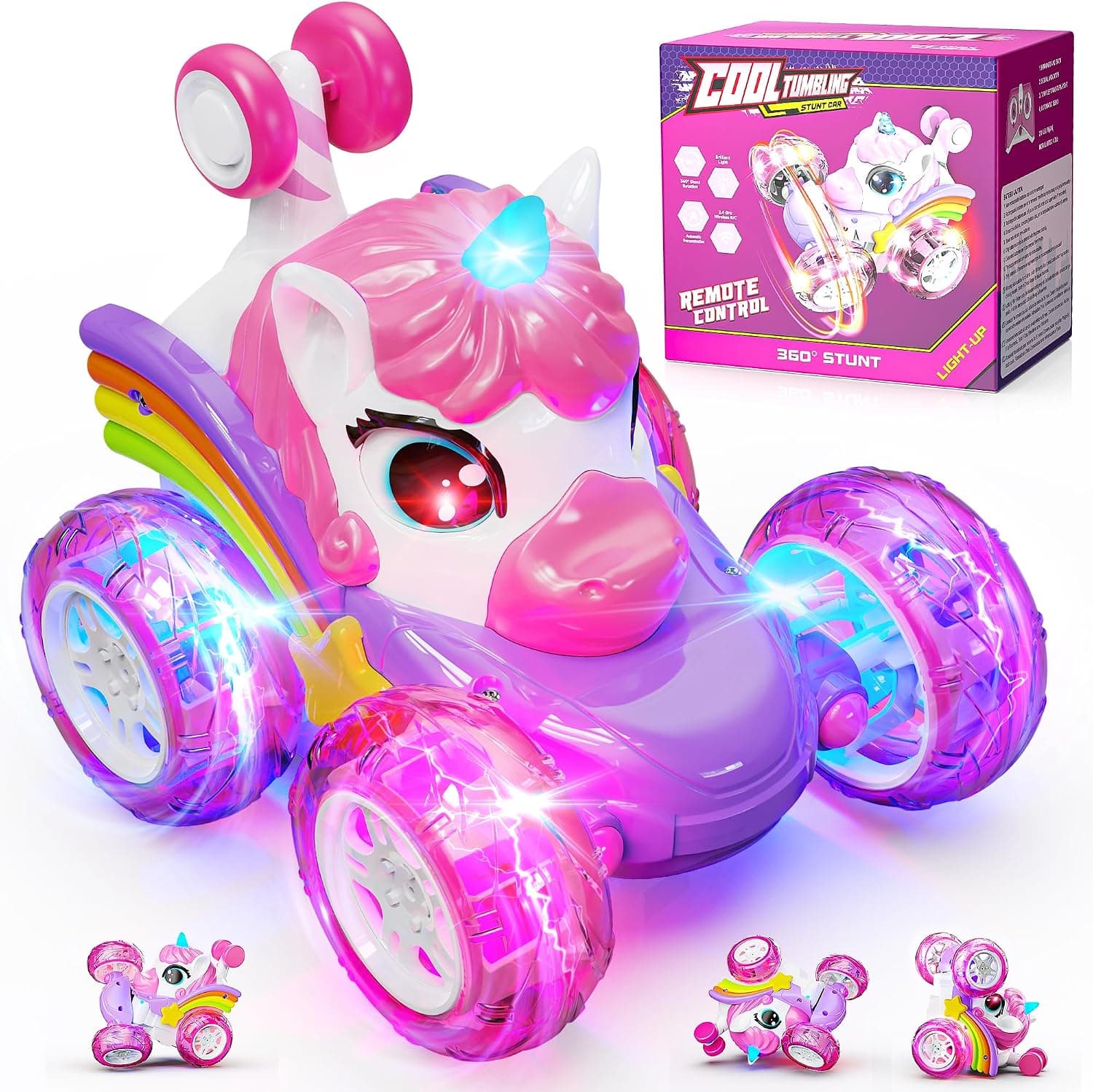 Carsky Unicorn Remote Control Car for Girls,Unicorn Toys for Girls Ages 3 | 360°Stunt RC Cars Rotation 4WD Remote Cars with LED Lights,Chritmas Birthday Gift for 3 4 5 6 Year Old Girl