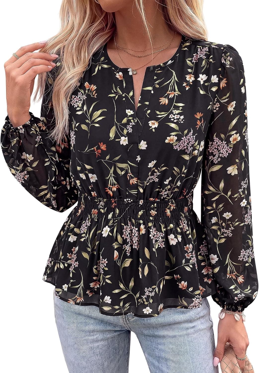 BTFBM Womens Tops Dressy Casual Floral V Neck Long Sleeve Chiffon Shirts | Chiffon Lantern Sleeve Flowy Peplum Sheer Top,Elastic Waist Babydoll Blouses,Boho Vacation Outfits,2026 Fall Fashion Clothing